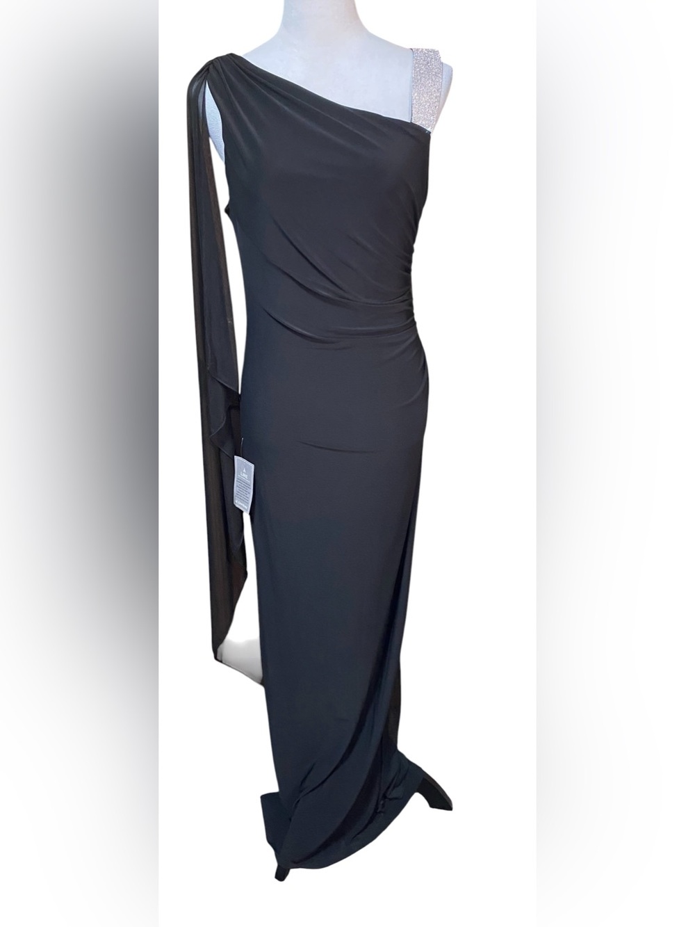 NWT Le Chateau Elegant Black Evening Gown with Draped Detail